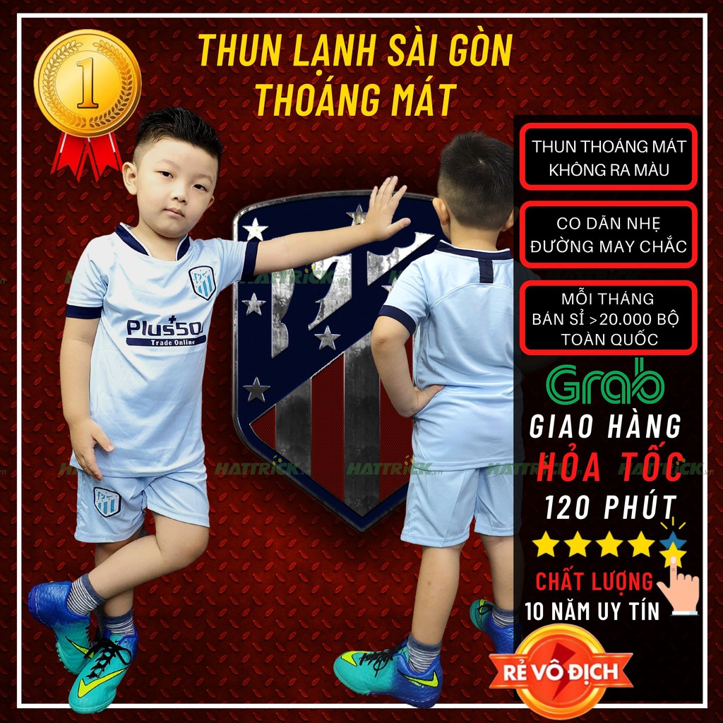 Bộ bóng đá trẻ em Atletico xanh nhạt (11kg - 41kg) thun Sài Gòn thoáng mát, may chất lượng, xưởng bán sỉ toàn quốc