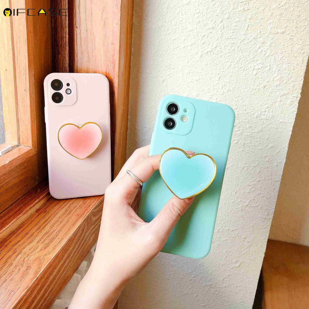 Ốp điện thoại màu hồng/tím có nút đỡ hình trái tim gradient cho iPhone 12 Mini 12 11 Pro Max XS Max XR 7 8 6 6s Plus