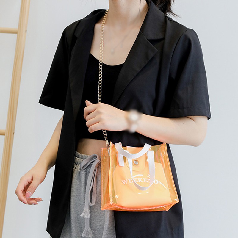 Túi Đeo Vai Bằng Nhựa Pvc Trong Suốt Phối Dây Xích Thời Trang