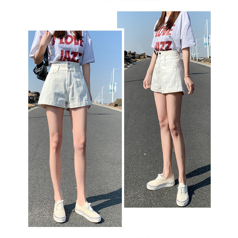 Quần short denim ống rộng cạp cao phong cách xuân hè thịnh hành cho nữ