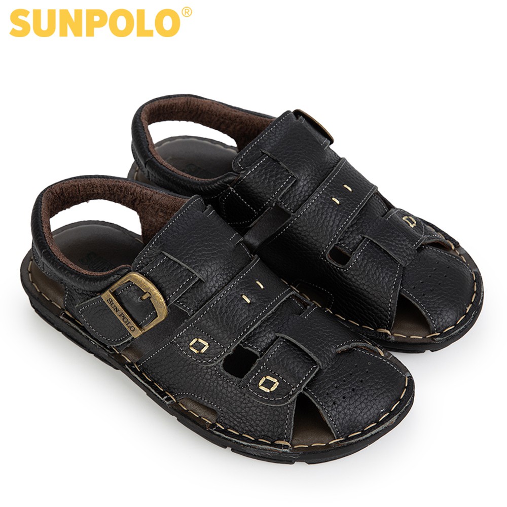 Sandal Bít Mũi Nam Da Bò Cao Cấp SUNPOLO Đen Nâu SDA020 - Có Big size 44 45