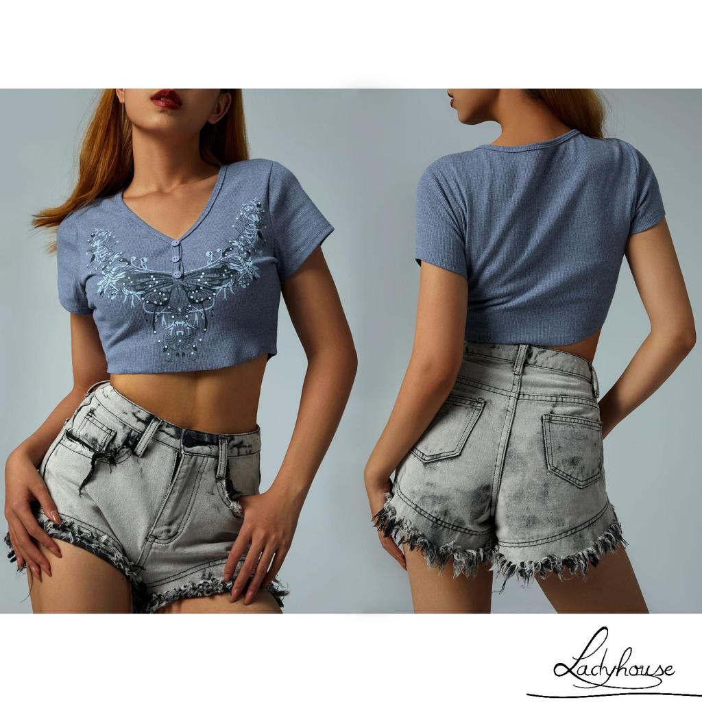 Áo croptop tay dài cổ chữ V in họa tiết cây và bướm thời trang cho nữ