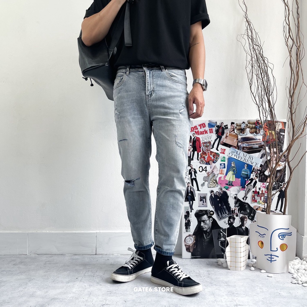 Quần Jean Nam slimfit YY, quần bò dài co giãn rách gối Xanh sáng mài GATE6 - 9051