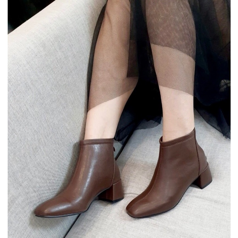 Giày boot nữ da mềm 2021 B SHOES, boot thấp cổ lót nỉ khóa sau, mũi vuông, thiết kế đơn giản siêu thời trang, cao 5p B11