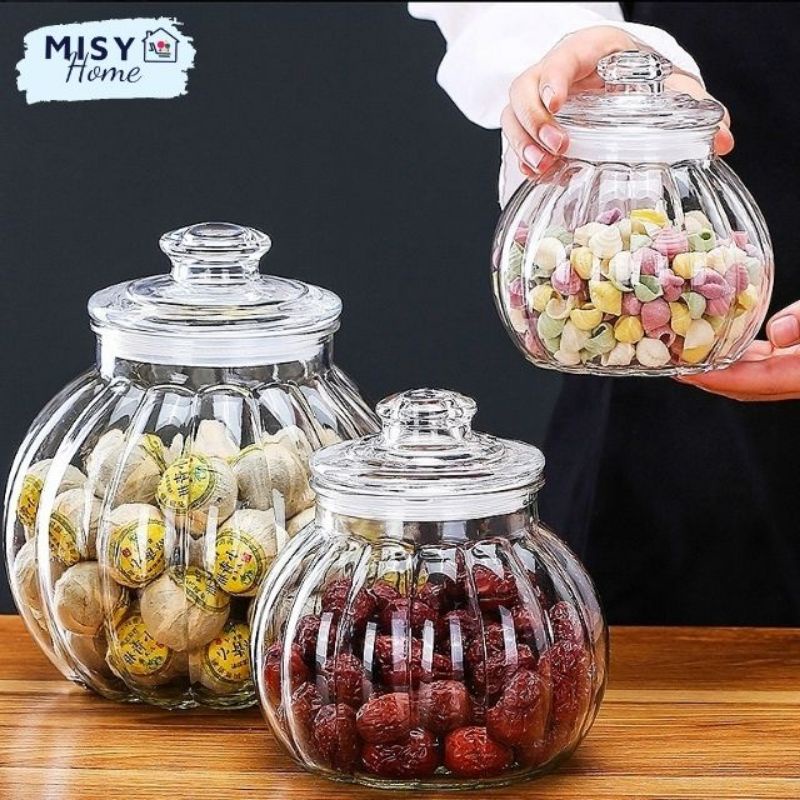 Lọ thủy tinh hình quả bí gioăng silicone MISY HOME 2800 1900 1300 750ml có nắp trang trí đựng bánh kẹo hạt dẻ hạnh nhân