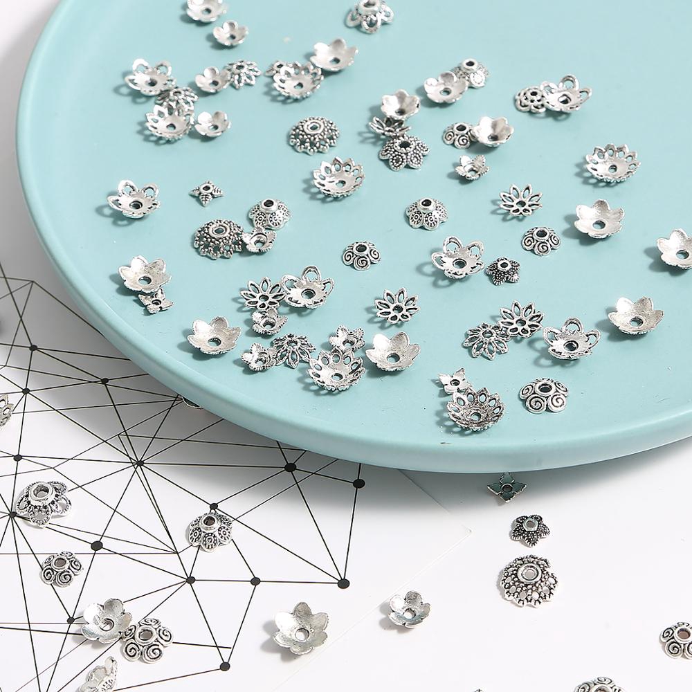 Set 50 phụ kiện hình mũ hoa màu bạc phong cách cổ điển Tây Tạng dùng làm đồ trang sức/ may vá thủ công