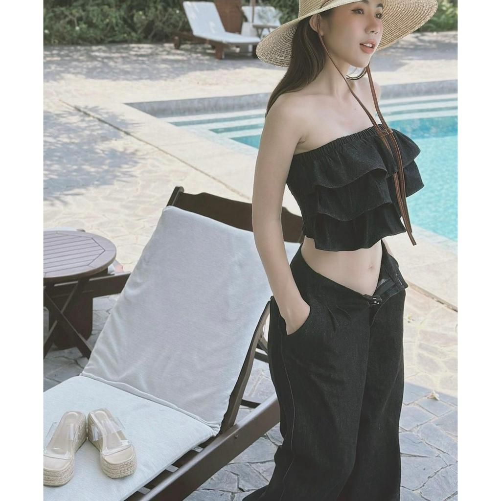 SET ÁO ỐNG TẦNG ĐEN CÚP NGỰC BO CHUN + QUẦN ĐEN SUÔNG (TH)