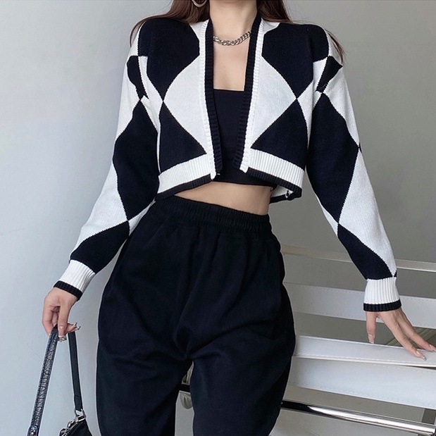 Áo khoác cardigan dệt kim dáng ngắn tay dài dáng rộng màu sắc phong cách retro | WebRaoVat - webraovat.net.vn