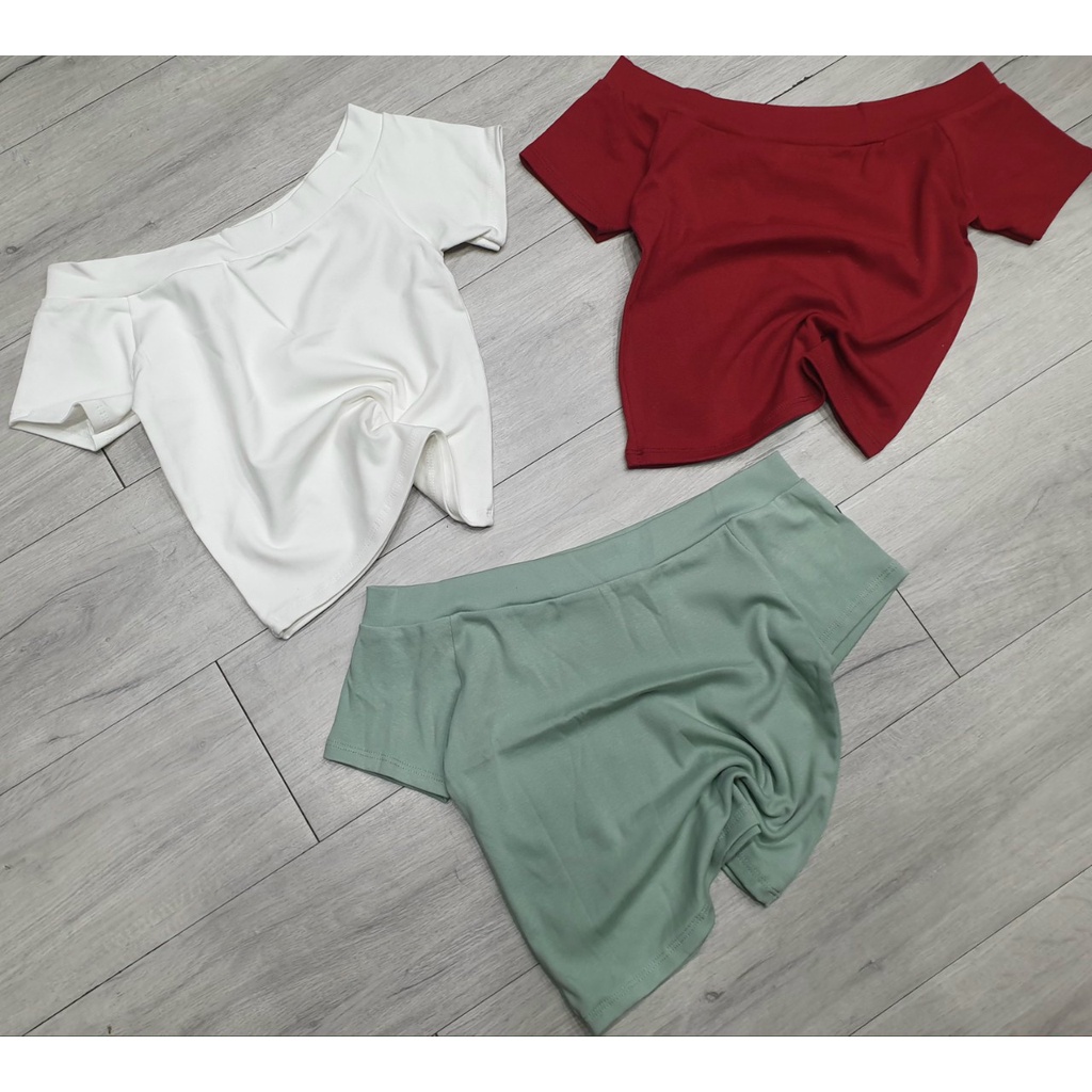 Áo croptop tay ngắn Tiên Khỉ bẹt vai phom ôm màu trơn BẸT BS10