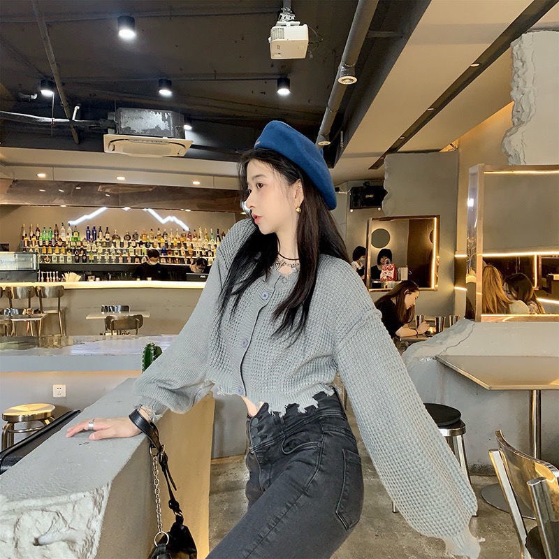 Áo len nữ dài tay dáng croptop, Áo cardigan dáng ngắn thiết kế tua rua phong cách trẻ trung