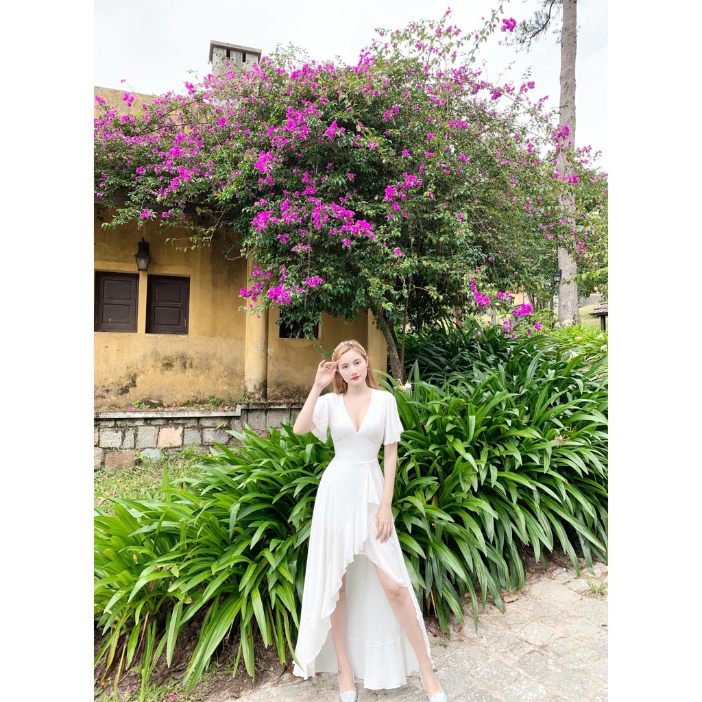 Đầm maxi trắng, đỏ tà xéo sang trọng - Hình thật SP 100% | BigBuy360 - bigbuy360.vn
