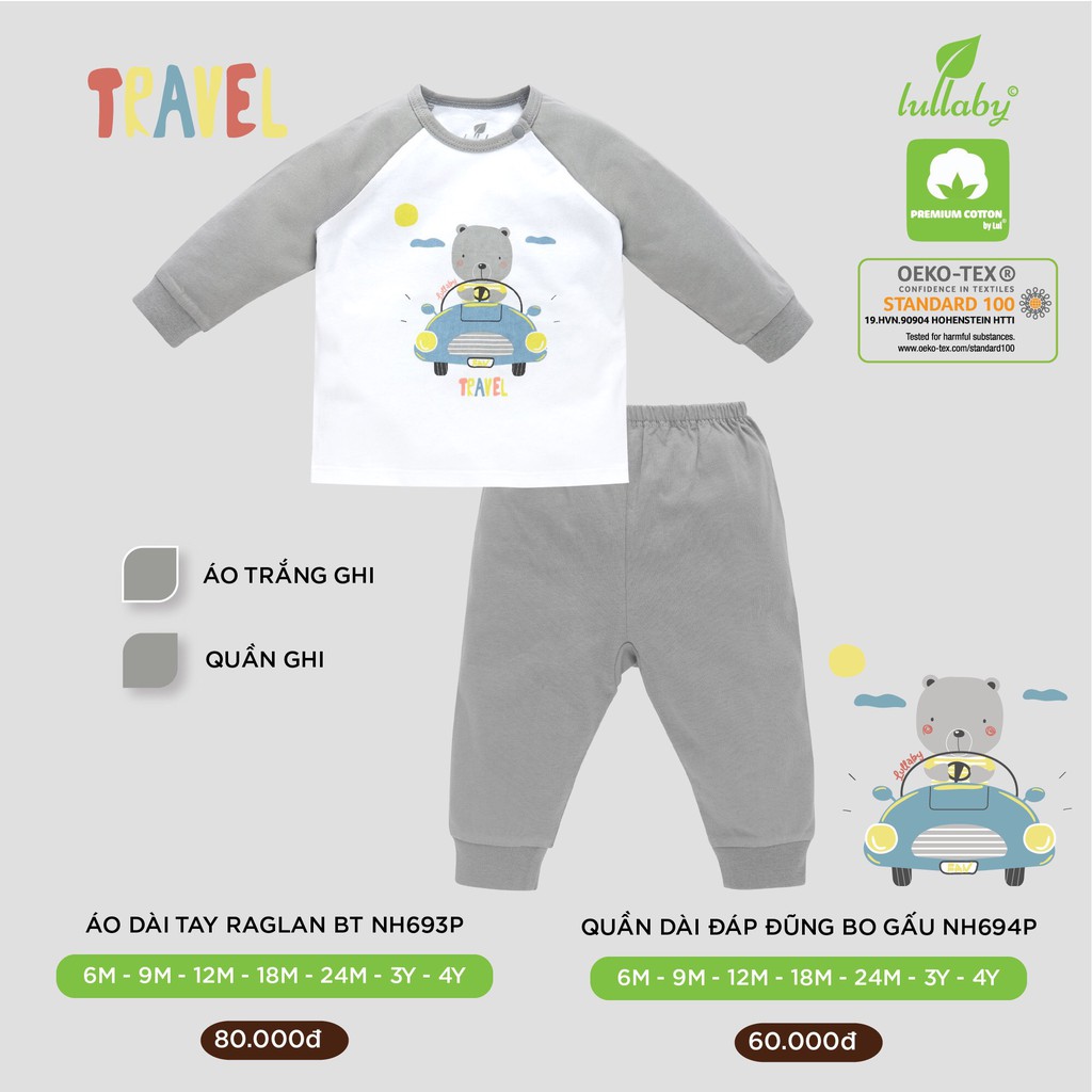 [CHÍNH HÃNG] Bộ dài tay cotton raglan họa tiết trẻ em Lullaby Thu đông 2021