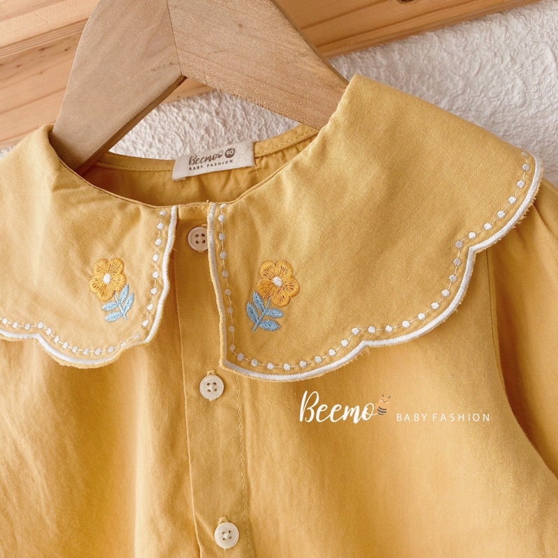 Áo sơ mi dài tay Beemo cổ sen sóng thêu hoa tiểu thư cho bé gái
