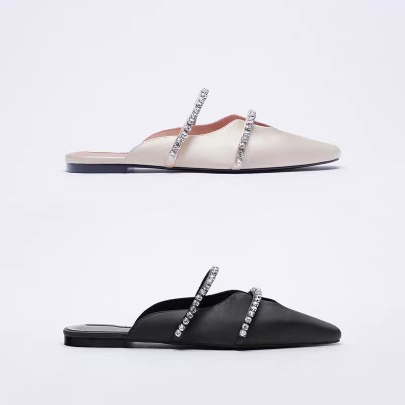 ORDER-Giày sục Satin ZR đính đá đen & nude *ảnh thật
