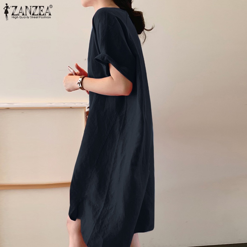 Đầm dáng rộng ngắn ZANZEA tay lửng cổ tròn màu trơn phong cách hàn quốc thời trang thường ngày cho nữ