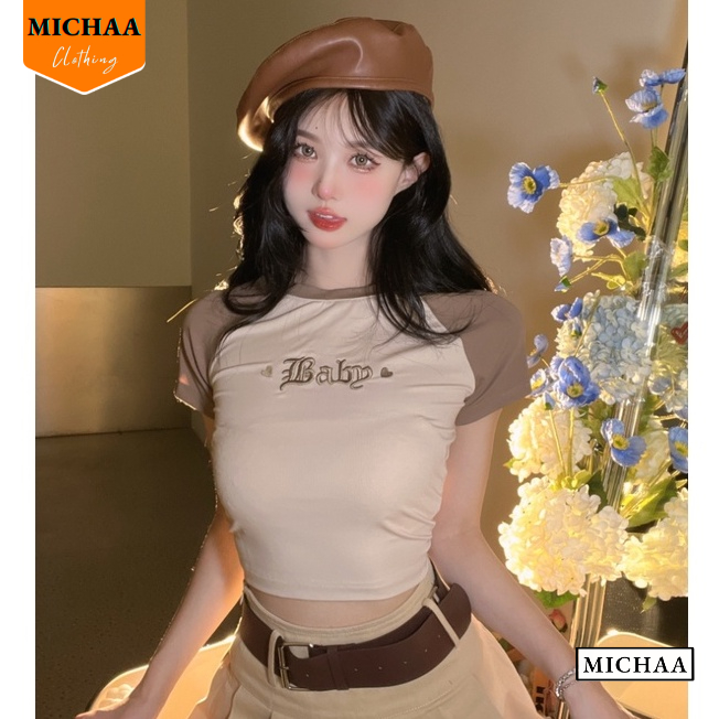 Áo Croptop Ôm Body Nữ BABY THÊU Cổ Tròn Tay Ngắn, Áo Thun Croptop Kiểu Thêu Họa Tiết MICHAA CR85