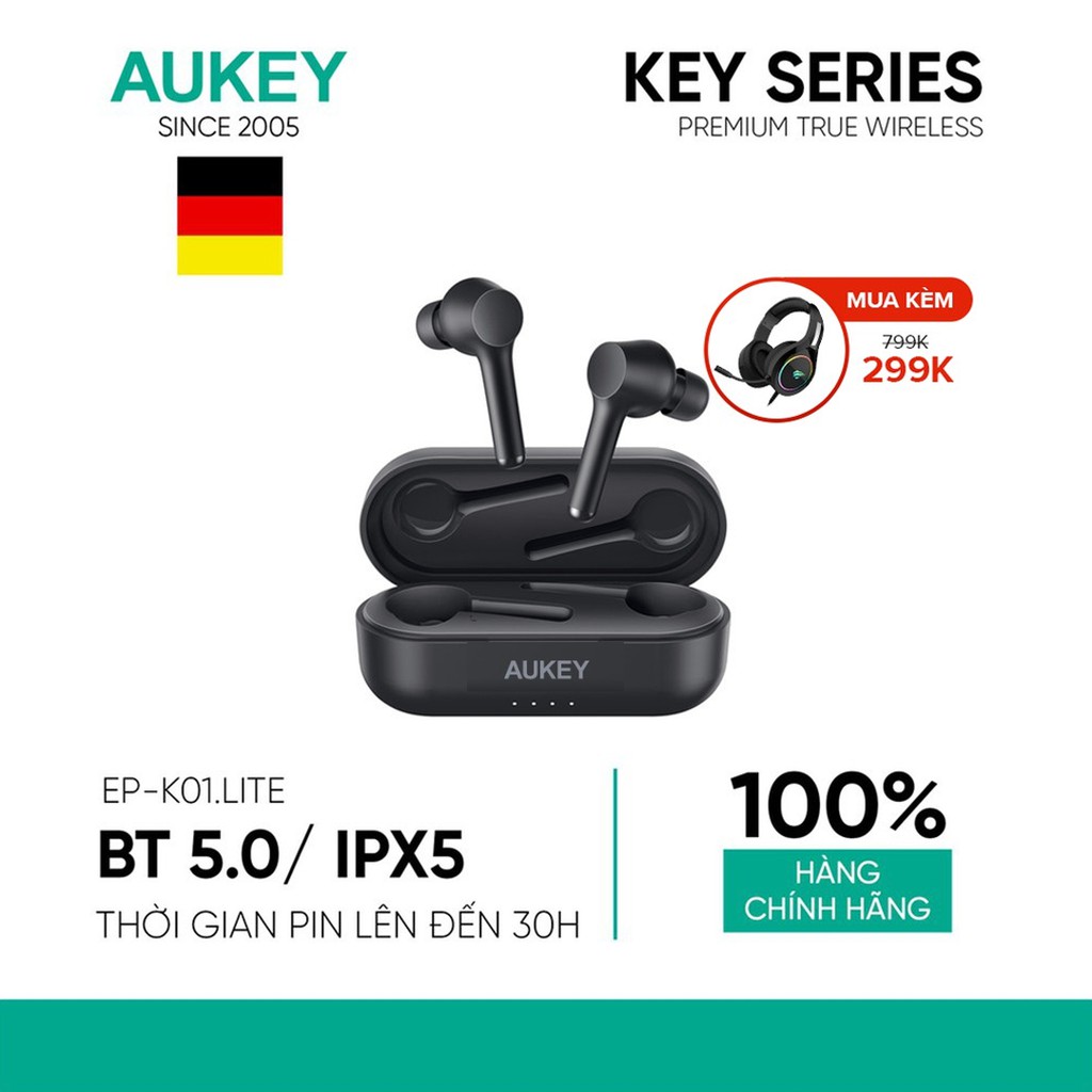 Tai Nghe AUKEY EP-K01 Lite Bass Booster, BT 5.0, Chống Nước IPX5, Pin Tới 30 Giờ, Type C