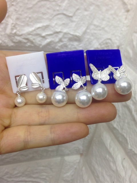 Bông tai cắm chốt treo châu trắng nhân tạo bạc ta lá và bướm