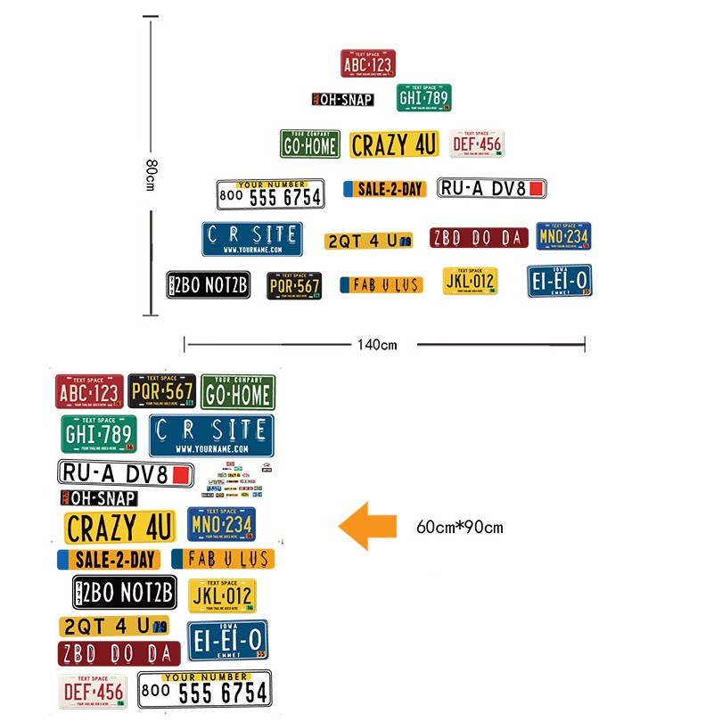 Decal dán trang trí tường 3D biển số xe phong cách hiện đại - decan trang trí cà phê, dán trà sữa, dán baber shop