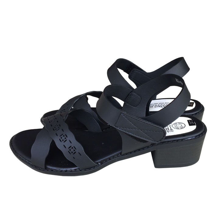 Xăng đan nữ Trường Hải gót vuông 4cm màu đen đế cao su không trơn XDN0341