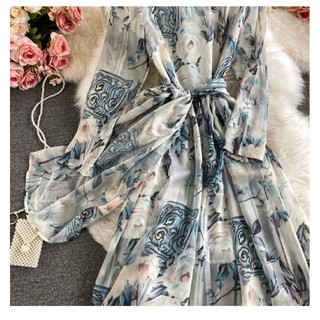 Váy lụa hoa dáng dài cổ tròn