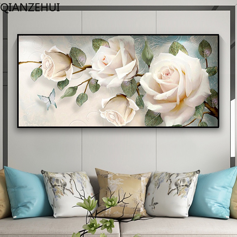 Tranh Đính Đá Kim Cương Toàn Bộ 5D DIY Hình Vẽ Hoa Hồng Trắng