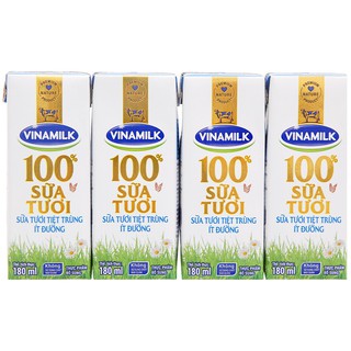 SỮA VINAMILK 100% ÍT ĐƯỜNG - LỐC 4 X 180ML