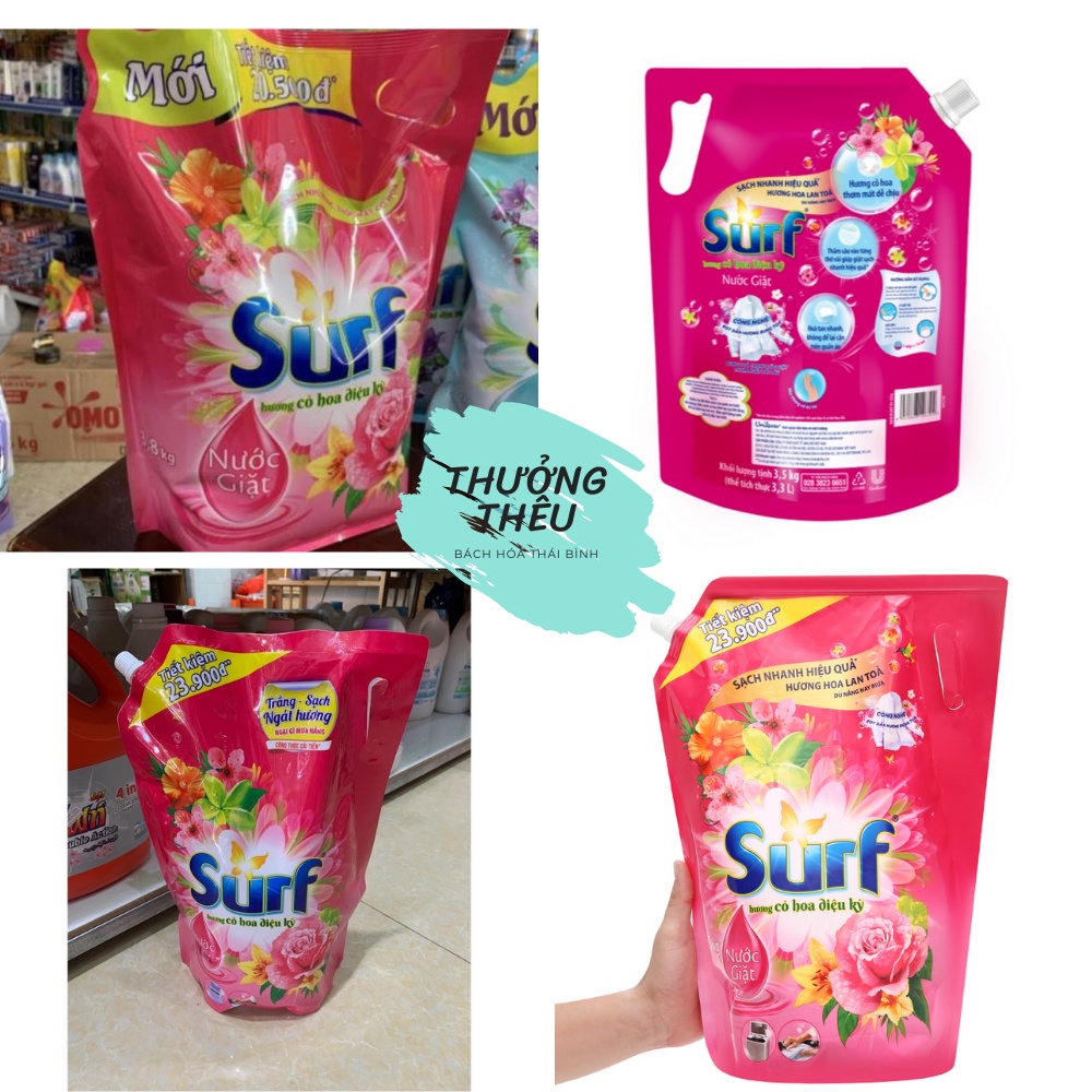 Nước giặt Surf Sương mai dịu mát túi 3.3kg hương cỏ hoa dịêu kì