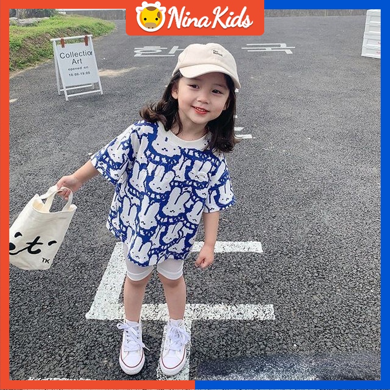 Áo Thun Cotton Tay Ngắn In Hình Thỏ Phong Cách Hàn Quốc Thời Trang Dành Cho Bé Gái 1-7 Tuổi