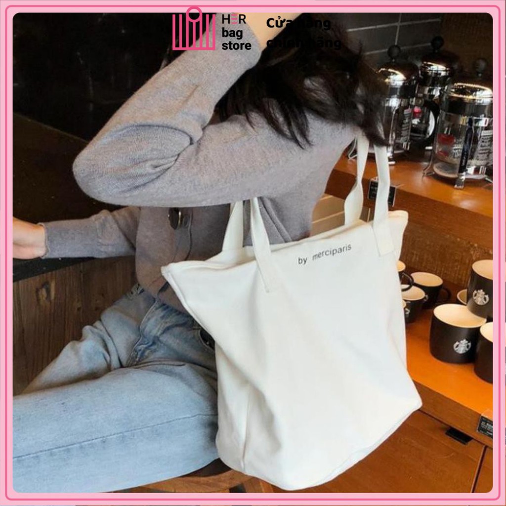 Túi tote túi canvas CỠ LỚN nữ unisex có khóa kéo in chữ Merciparis mềm đẹp giá rẻ phong cách Hàn Quốc