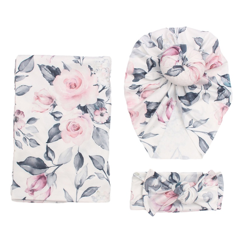 Set 3 Món Chăn Quấn Và Băng Đô In Hoa Cho Bé Sơ Sinh