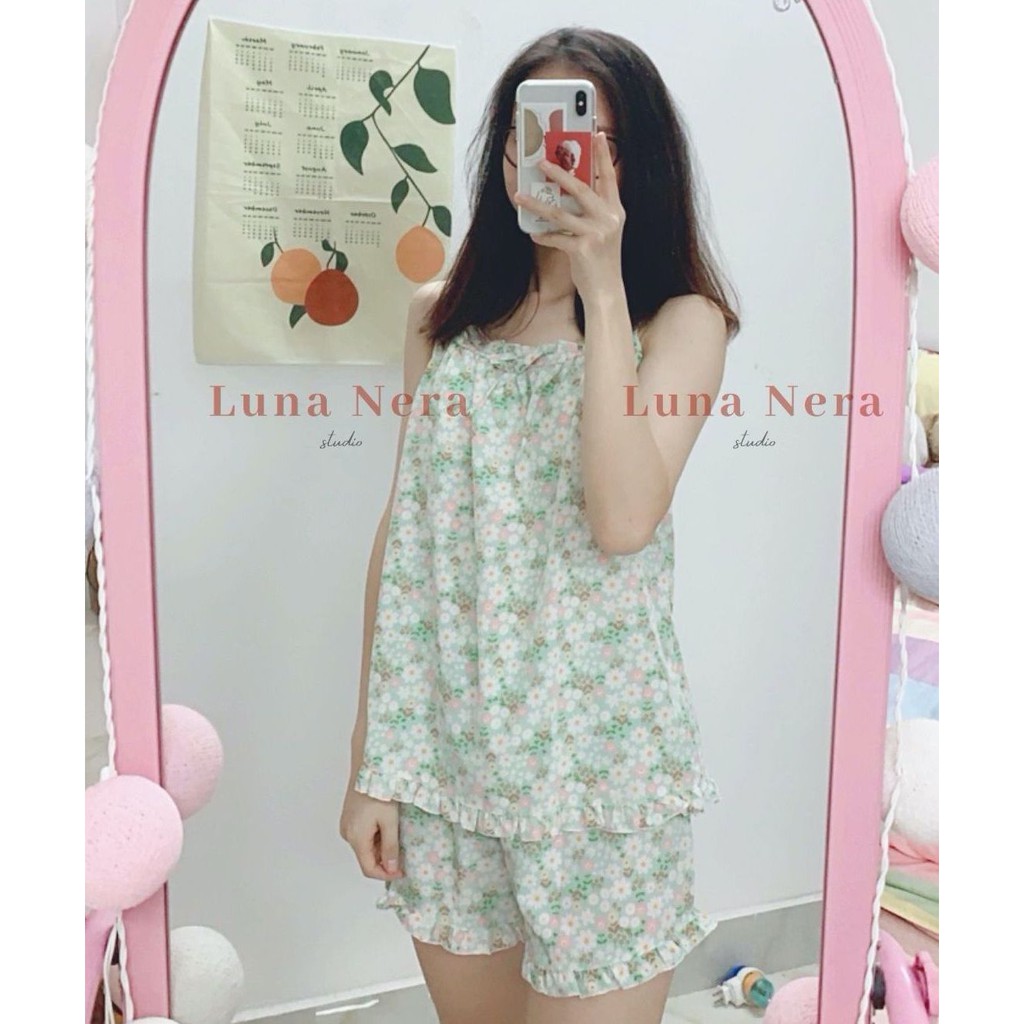 [TẶNG GƯƠNG CẦM TAY] Set đồ ngủ 2 dây hoa nhí viền bèo áo nhún ngực | Ảnh thật 100% ♡ | BigBuy360 - bigbuy360.vn