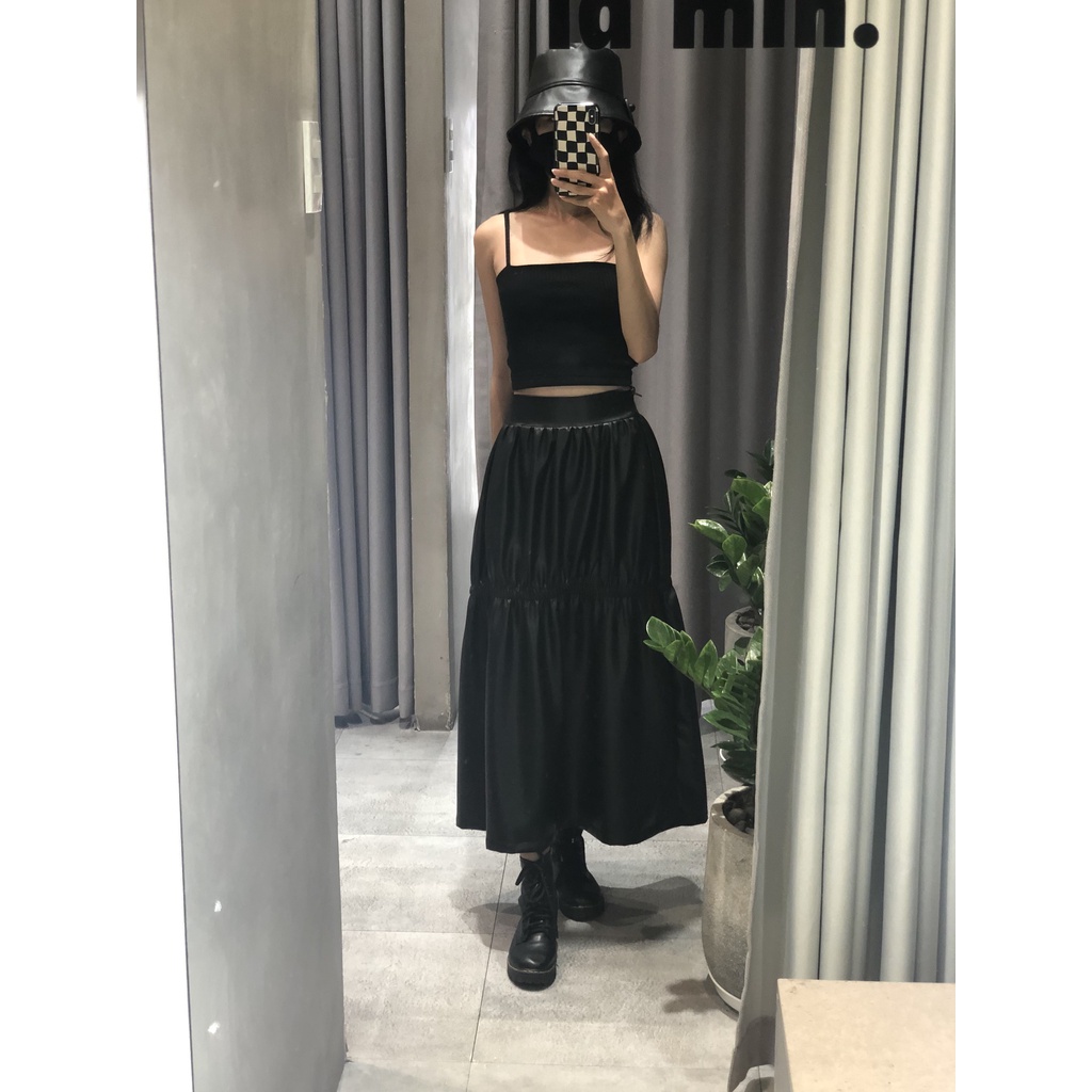 Chân váy da, xếp tầng, màu đen, là min - BLACK RUCHED LEATHER SKIRT