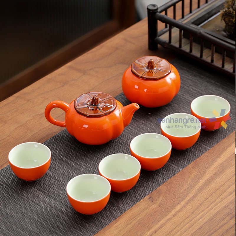 Bộ ấm chén pha trà gốm sứ Trung Hoa Kung Fu dáng quả hồng - Bộ Quà biếu Tết Nhâm Dần 2022 đặc sắc