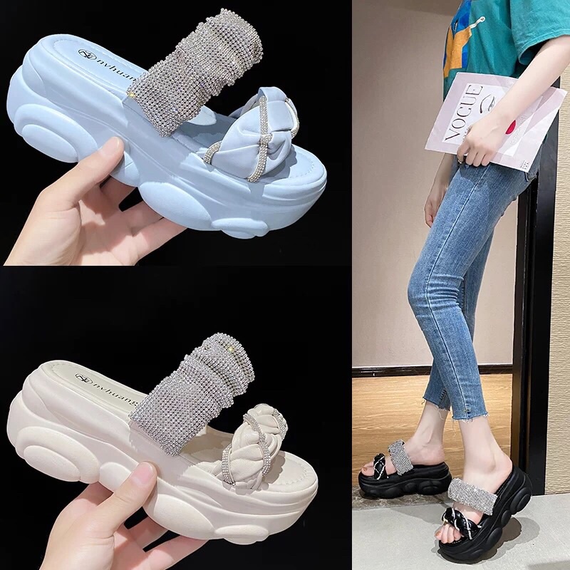 Dép đế bánh mì cao 7cm quai ngang bện đính hạt lấp lánh