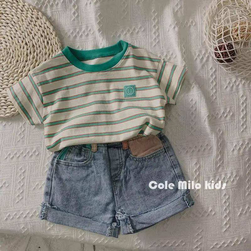 Áo Thun Tay Ngắn Cổ Tròn Bằng Vải Cotton Lanh Họa Tiết Kẻ Sọc Thời Trang Mùa Hè Thoải Mái Dễ Phối Đồ Cho Bé Trai Gái