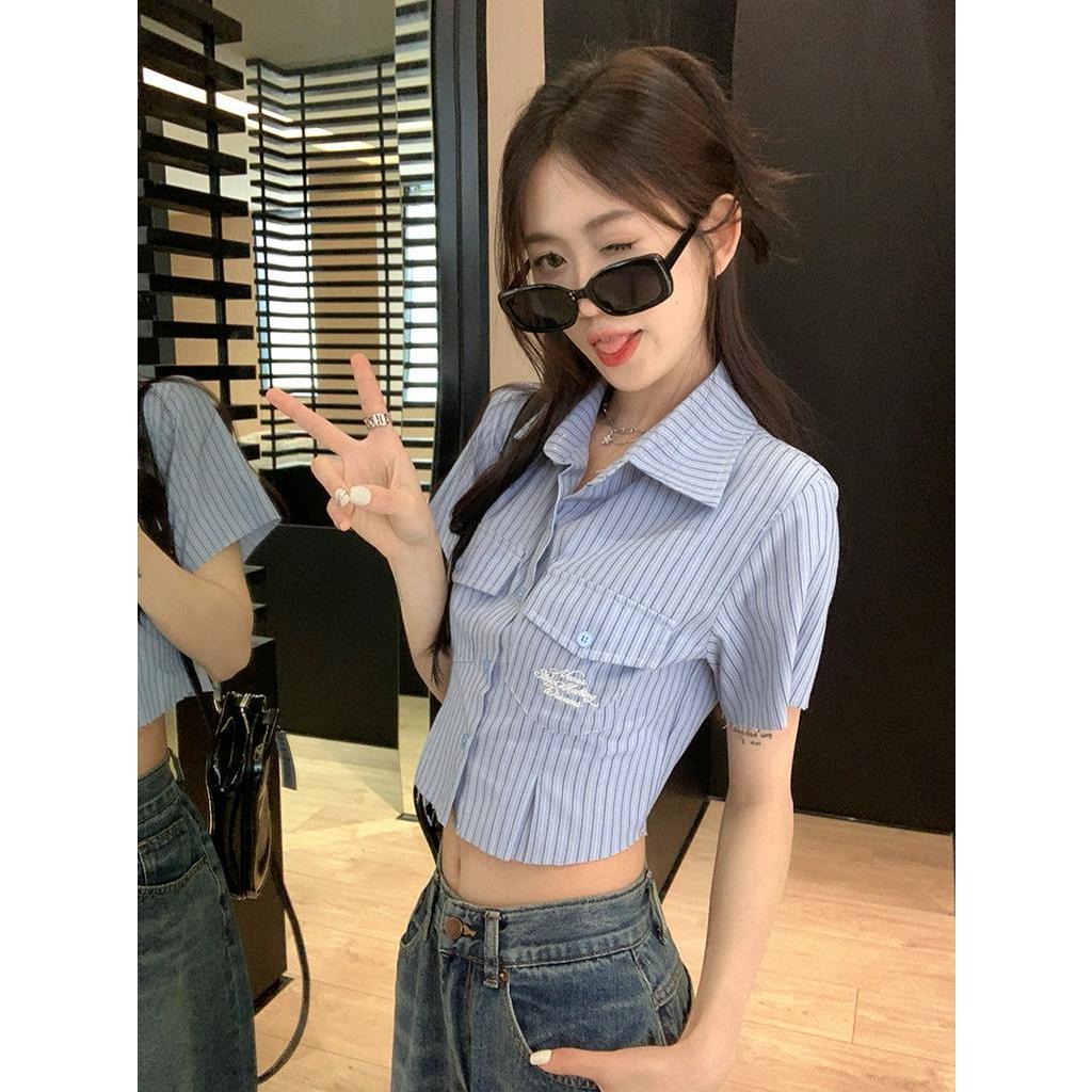 Áo Sơ Mi Kẻ Sọc Ngắn Tay Dáng Ôm Phong Cách Preppy 63497