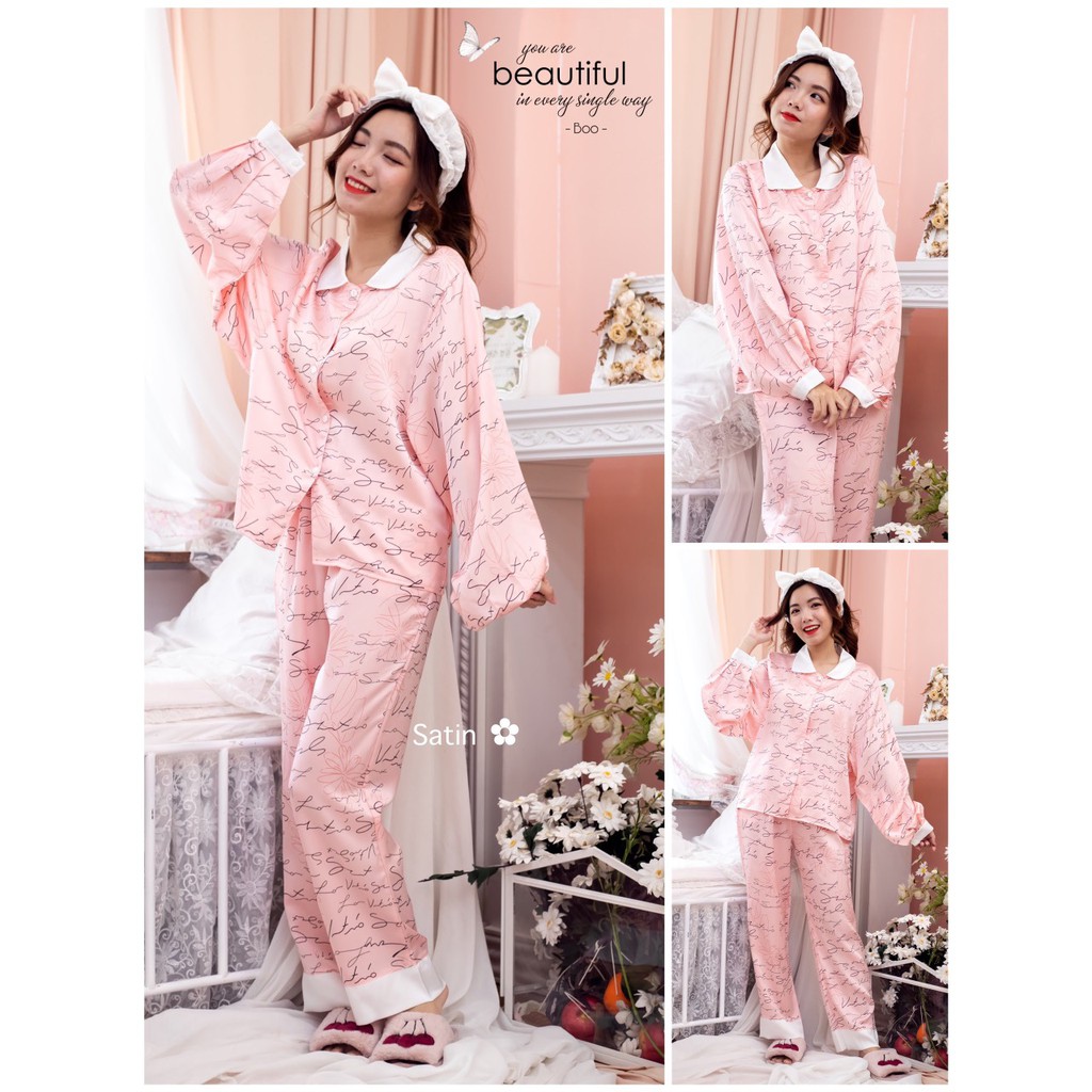 Đồ Bộ Pijama Lụa Satin Cổ Sen Tay Phồng Cổ Điển