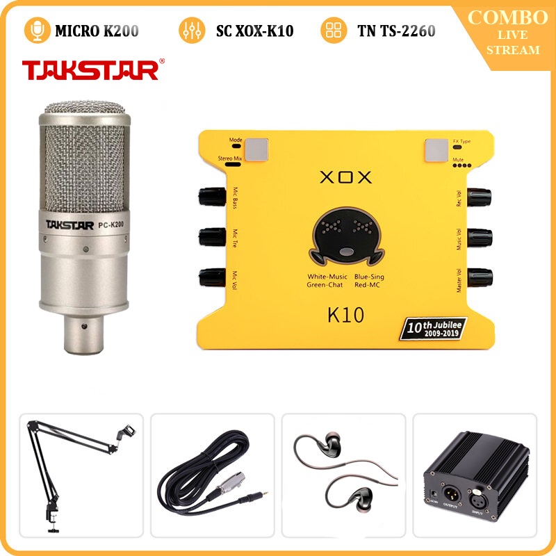 Bộ Mic Livestream Chính Hãng Đầy Đủ Sound Card XOX K10, Mic Takstar PC-K200, Tai Nghe Takstar TS-2260 &amp; Phụ Kiện