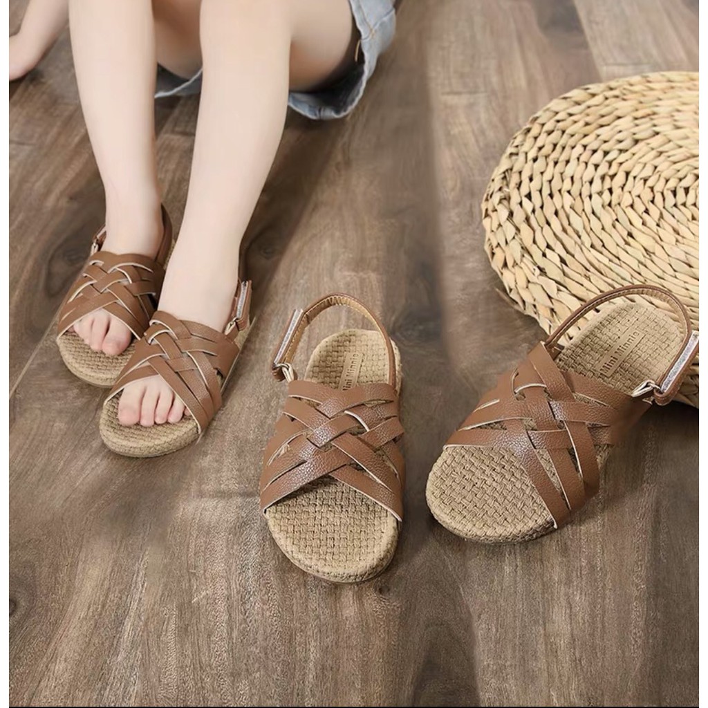 Sandal quai đan chéo đế cói siêu nhẹ cho bé gái