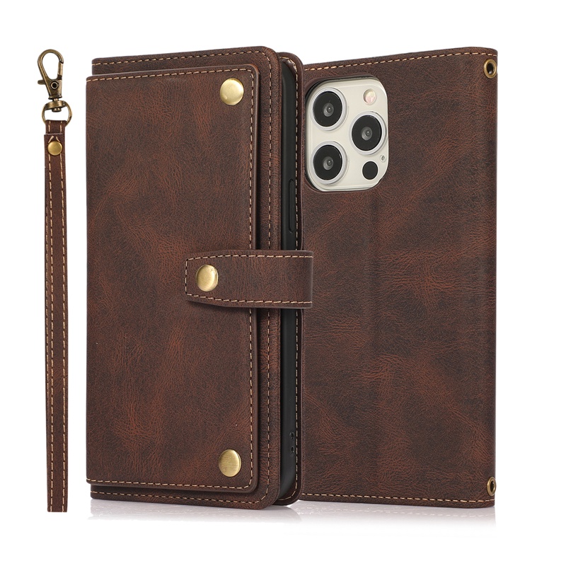 Bao Da Điện Thoại Dạng Ví Nắp Lật Có Nhiều Ngăn Đựng Thẻ Và Dây Đeo Cho IPhone 14 13 12 Mini 11 Pro Max Vỏ