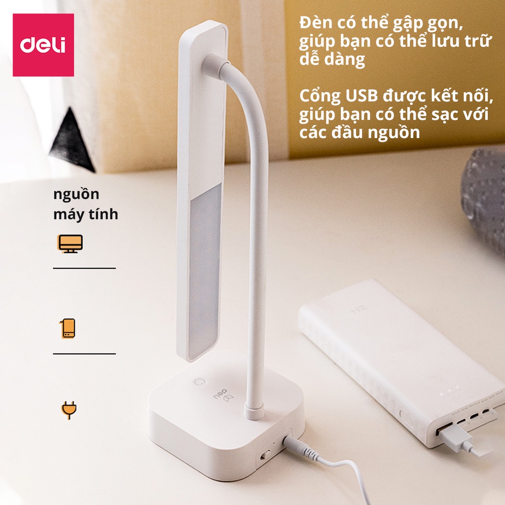 Đèn bàn tích điện gấp gọn Deli - 2 mức độ sáng, đọc sách, đèn học, làm việc - 3676/17856/17858 - Diệp Lạc