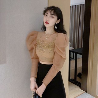 Áo nữ đẹp tay bồng dài đính đá gợi cảm Quảng Châu cao cấp