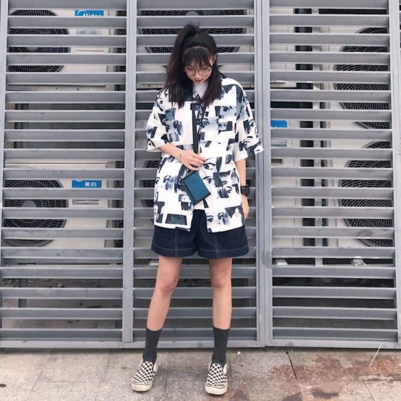 Áo sơ mi Bape form rộng tay lỡ in họa tiết hình người cổ bẻ unisex