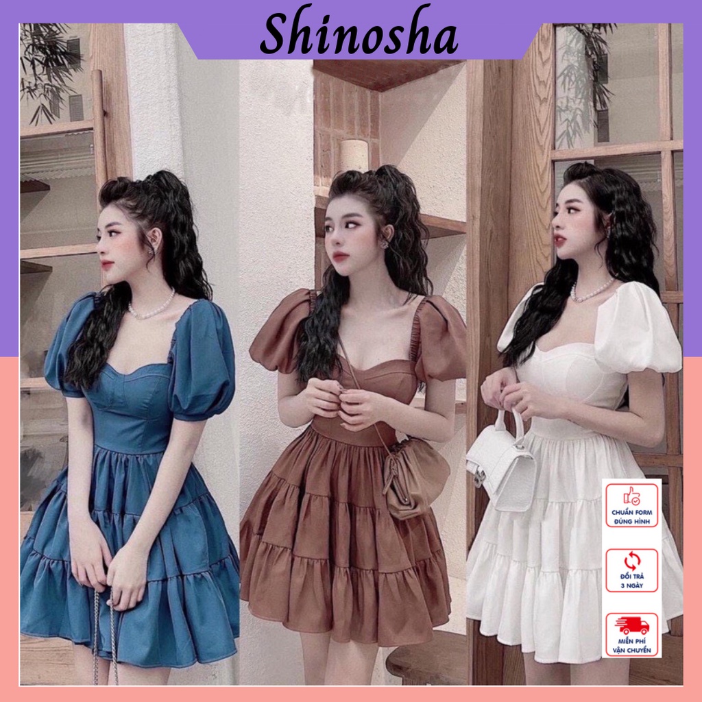 Váy nữ babydoll cổ vuông tay phồng cup ngực dáng xòe Shinosha V0026 | BigBuy360 - bigbuy360.vn