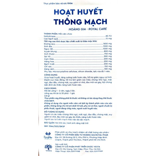 Viên Uống Tăng Cường Tuần Hoàn Não Hoạt Huyết Thông Mạch Hoàng Gia Royal Care 3X10