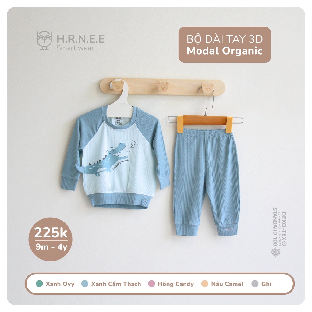 Bộ dài tay 3D Modal Organic Hrnee dành cho bé trai bé gái mặc điều hòa