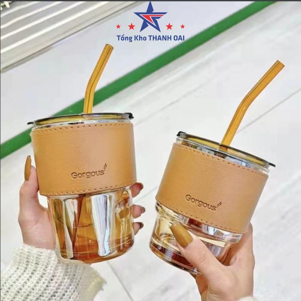 Cốc thuỷ tinh vỏ da có nắp và ống hút, ly uống nước đẹp dung tích 450ml