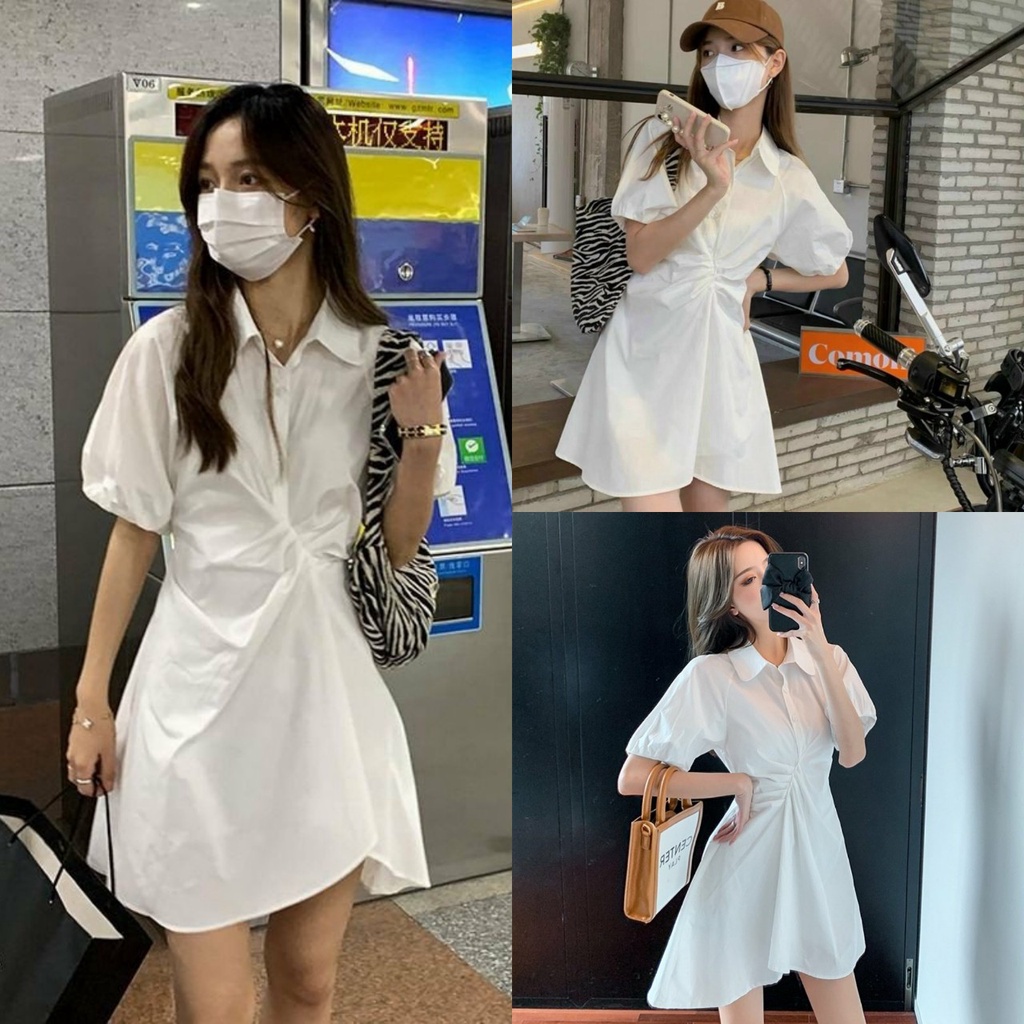 Đầm Sơ Mi Trắng Nữ Nhúm Trước Tay Bo Dáng Lỡ Vải Thô dưới 60kg - Váy Nữ Cộc Tay Q087