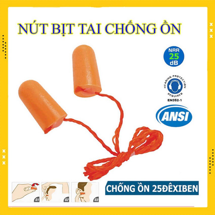 Nút tai chống ồn 3M 1110 cấu tạo từ PU xốp, mềm, chống ồn đạt chỉ số NRR 29dB, có dây màu cam